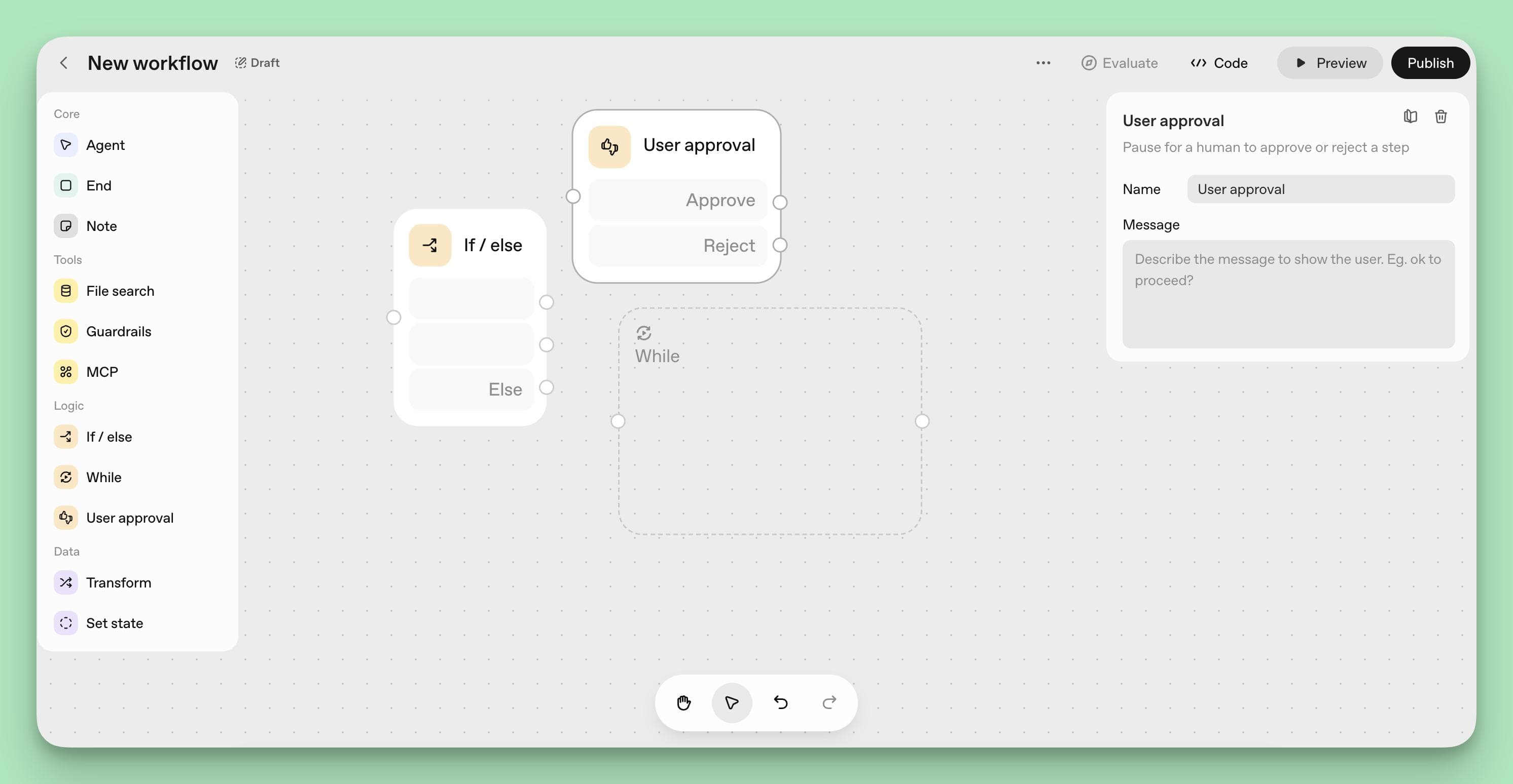 A screenshot of the ChatGPT Agent Builder canvas displaying logic nodes. It shows an "If / else" node, a "User approval" node, and a "While" node, illustrating how to build conditional logic into a workflow.