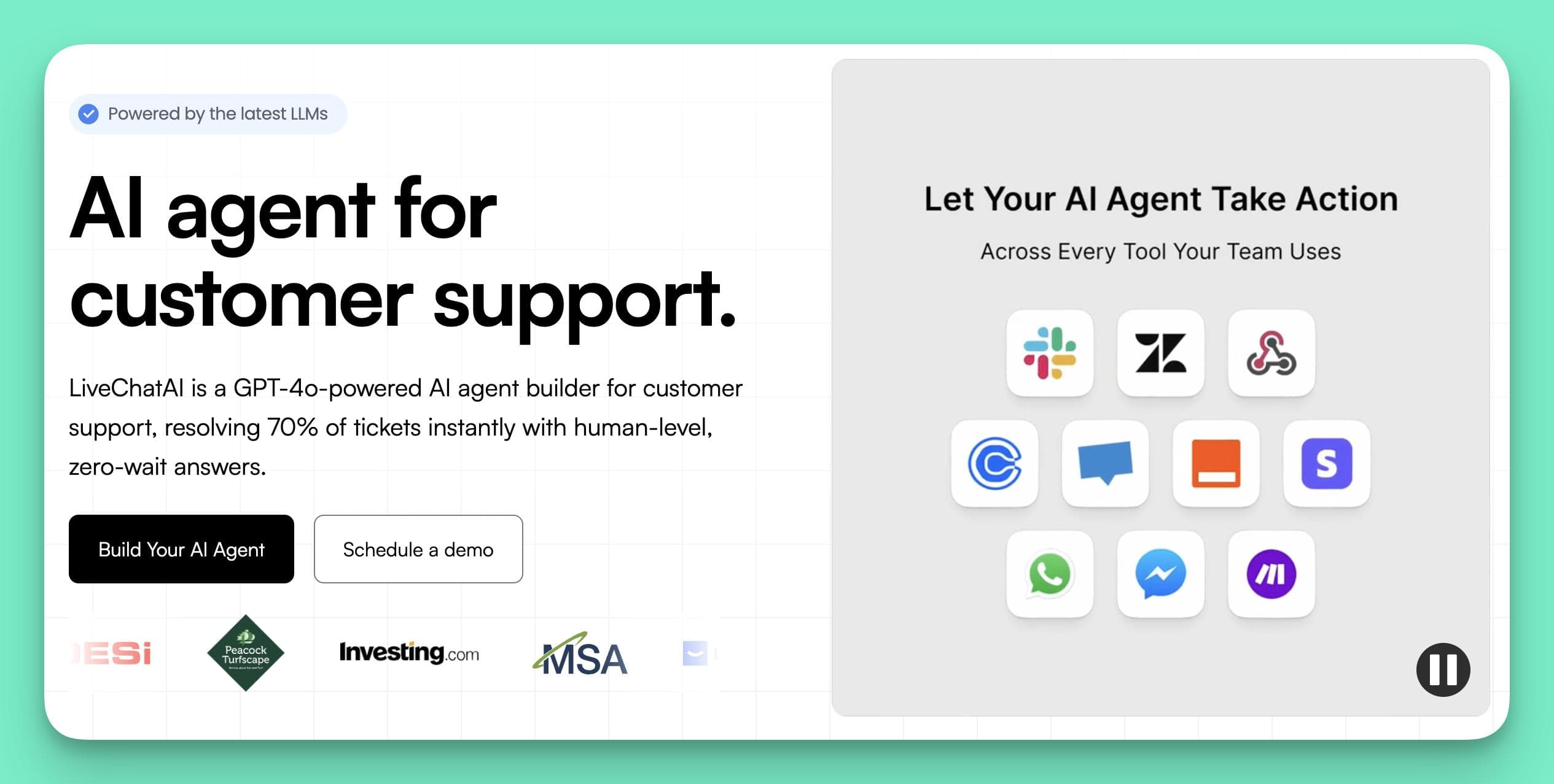 The LiveChatAI homepage positions the tool as a powerful Chatbase alternative, capable of resolving 70% of customer support tickets instantly. The image highlights its GPT-4o power and integrations with popular tools like Zendesk, Slack, and Shopify.
