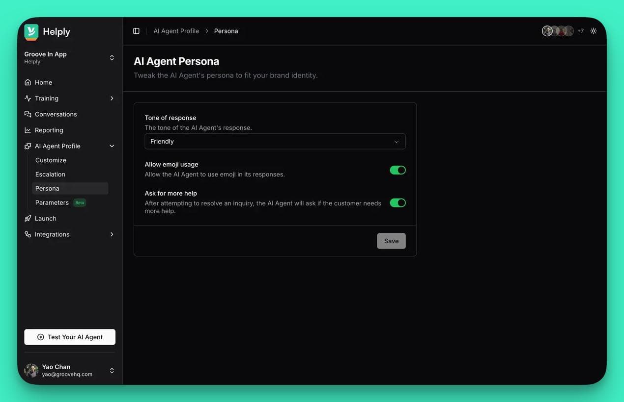 Screenshot of Helply’s Customize AI Agent interface showing design settings, header title, and chat widget preview — part of the process in How to Train ChatGPT on Your Own Data for building a branded, interactive support assistant.