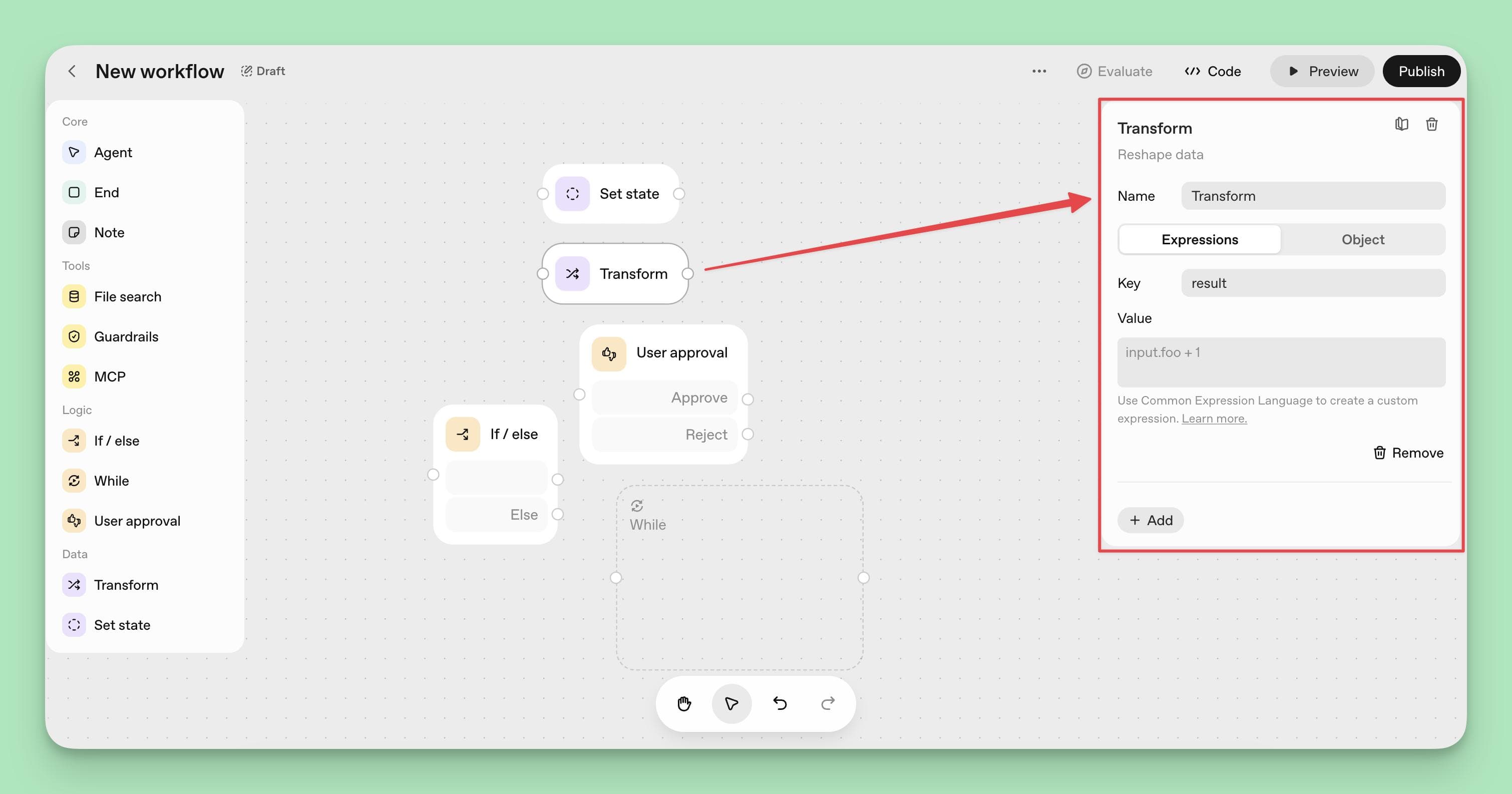 A screenshot of the ChatGPT Agent Builder interface showing the configuration panel for a "Transform" node. The panel allows users to reshape data using expressions, with an example showing "input.foo + 1" to modify a value.