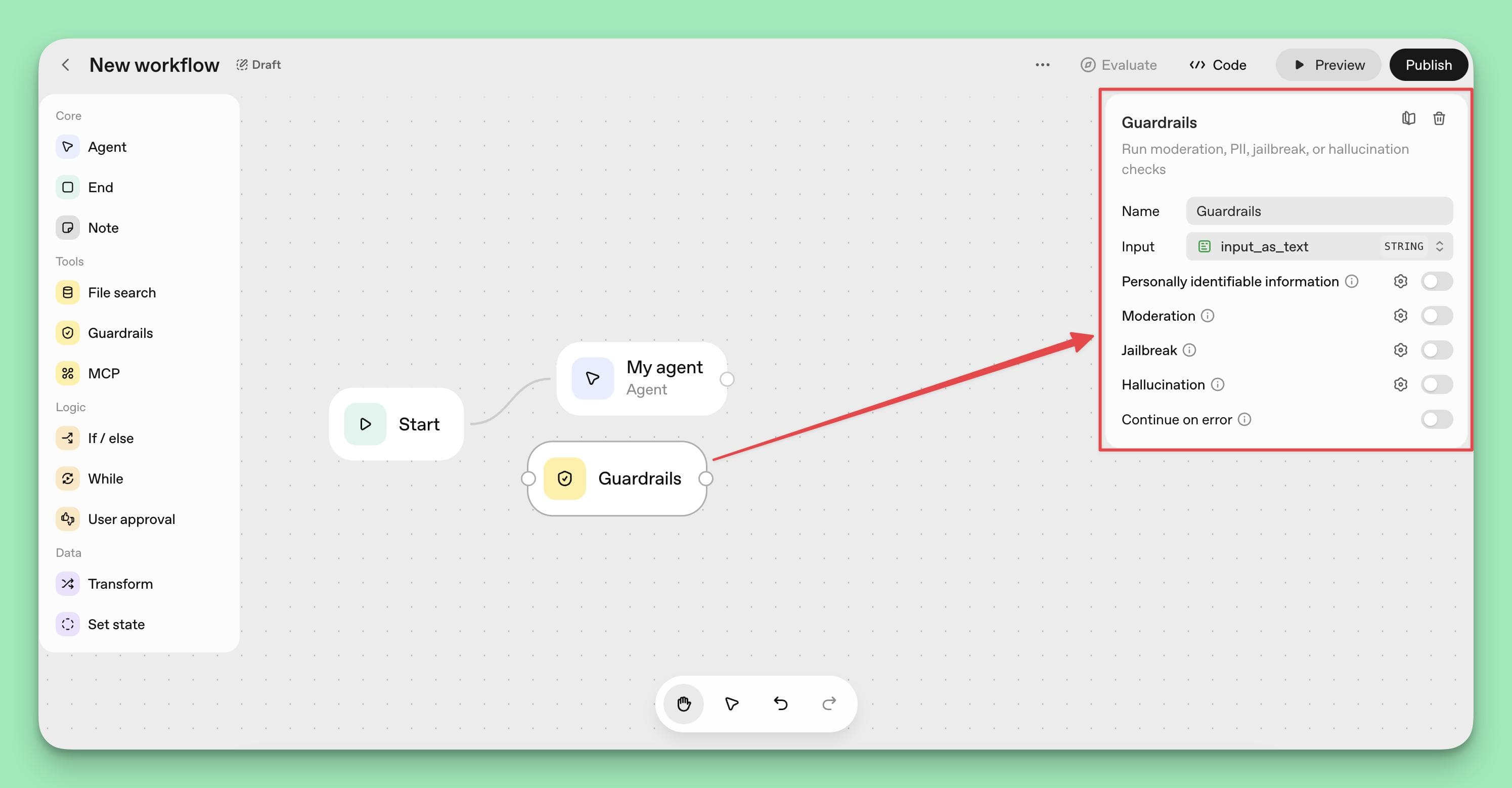 A screenshot of the Agent Builder workflow illustrating the "Guardrails" node. The configuration panel on the right shows toggle switches for safety features like "Moderation," "Jailbreak," "Personally identifiable information," and "Hallucination."