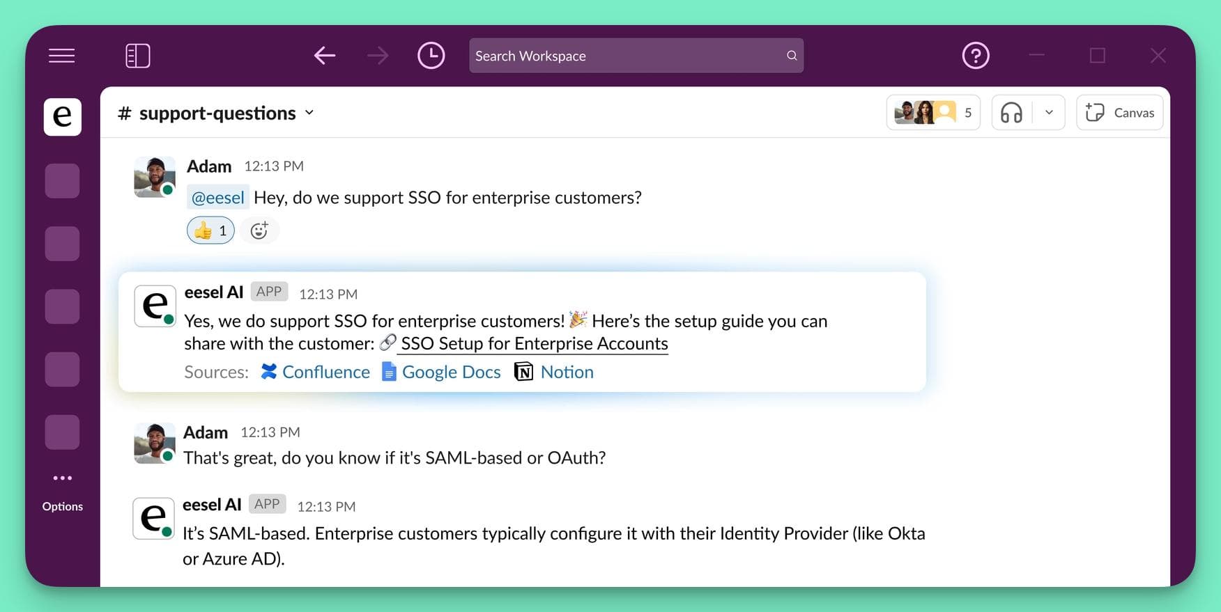 Screenshot of the Eesel AI bot answering a support question about SSO directly within a Slack channel, citing its sources from Confluence, Google Docs, and Notion, demonstrating its strength as an Intercom Fin alternative for unifying knowledge.