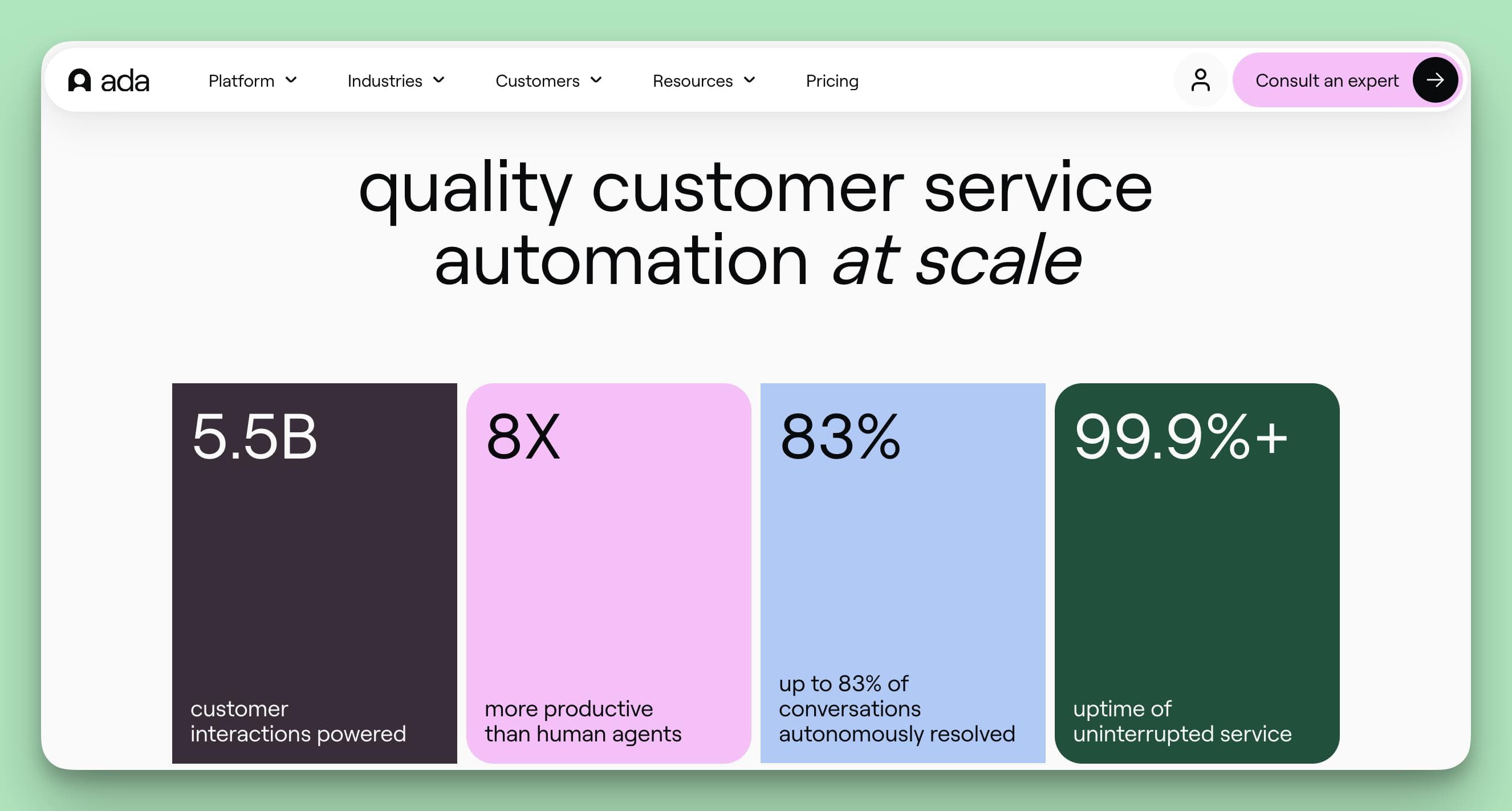 A screenshot of the Ada website, featured as one of the best LiveAgent alternatives, highlighting its automation stats like autonomously resolving 83% of conversations and powering 5.5B customer interactions.