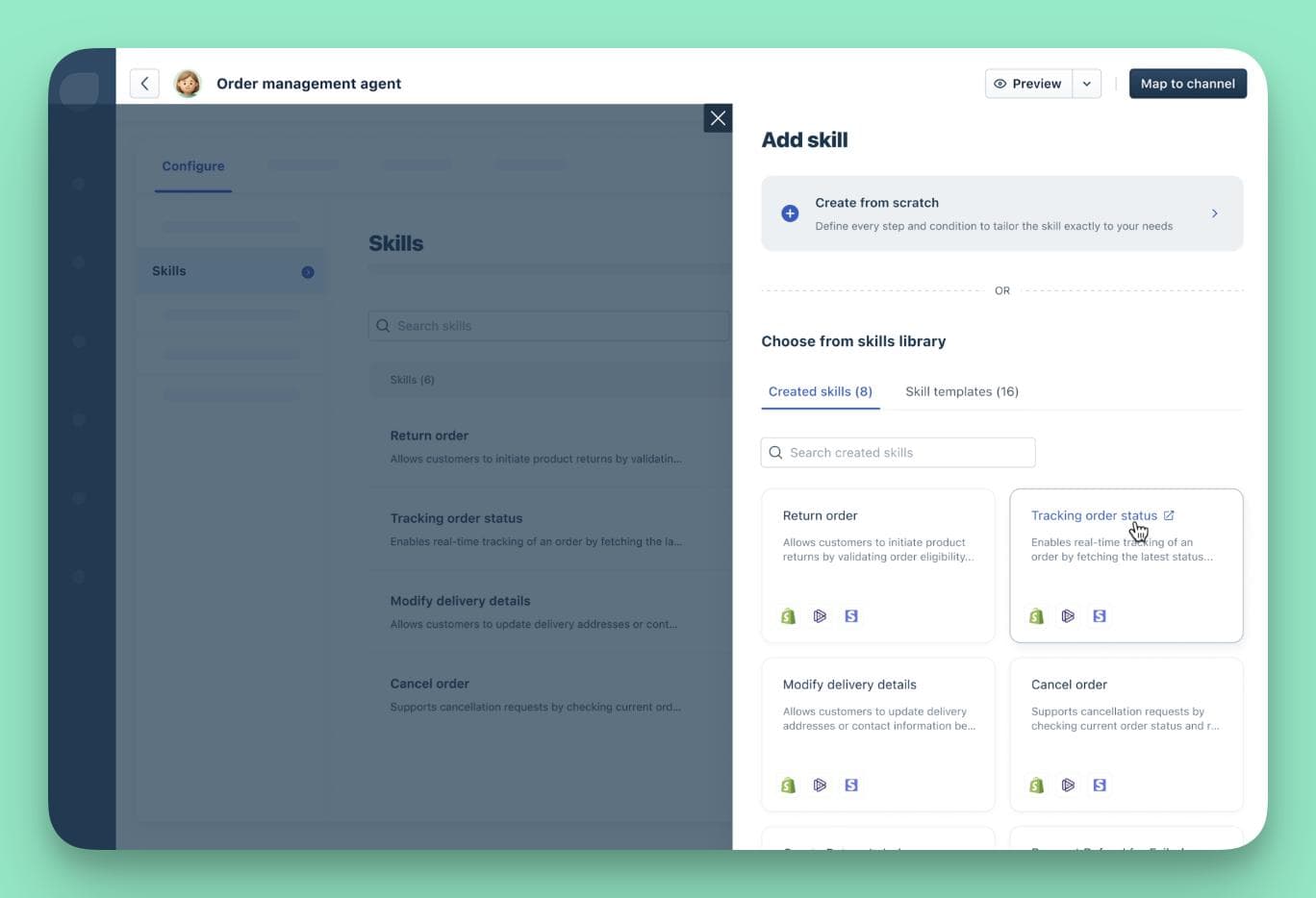 A screenshot of the Freshdesk Freddy AI skills builder, which shows how users can add pre-built skills like "Tracking order status" to an AI agent, making it one of the best LiveAgent alternatives for e-commerce support.