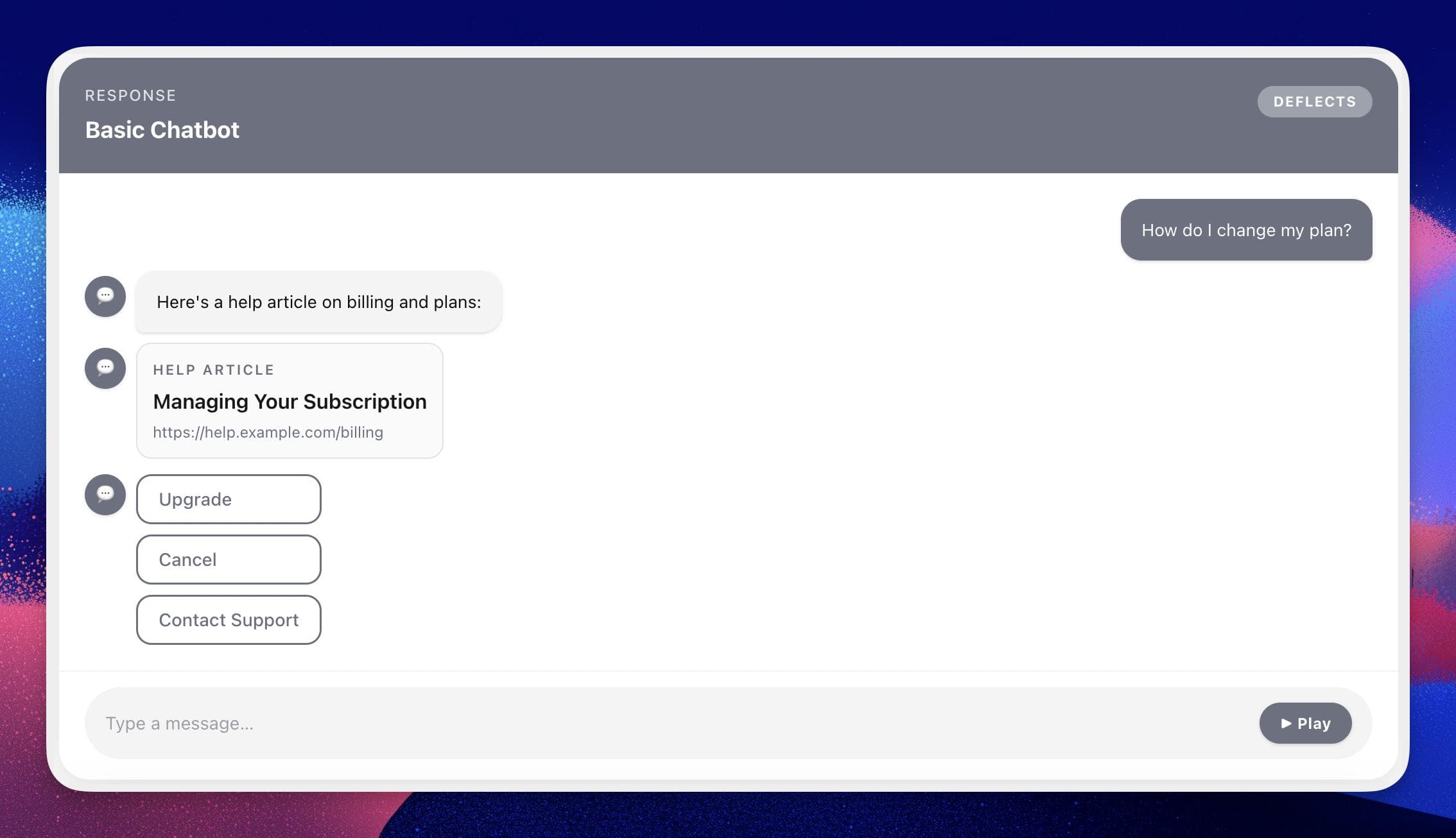 A chat interface showing a customer asking "How do I change my plan?" and receiving a help article link and a static menu with three options: Upgrade, Cancel, and Contact Support.