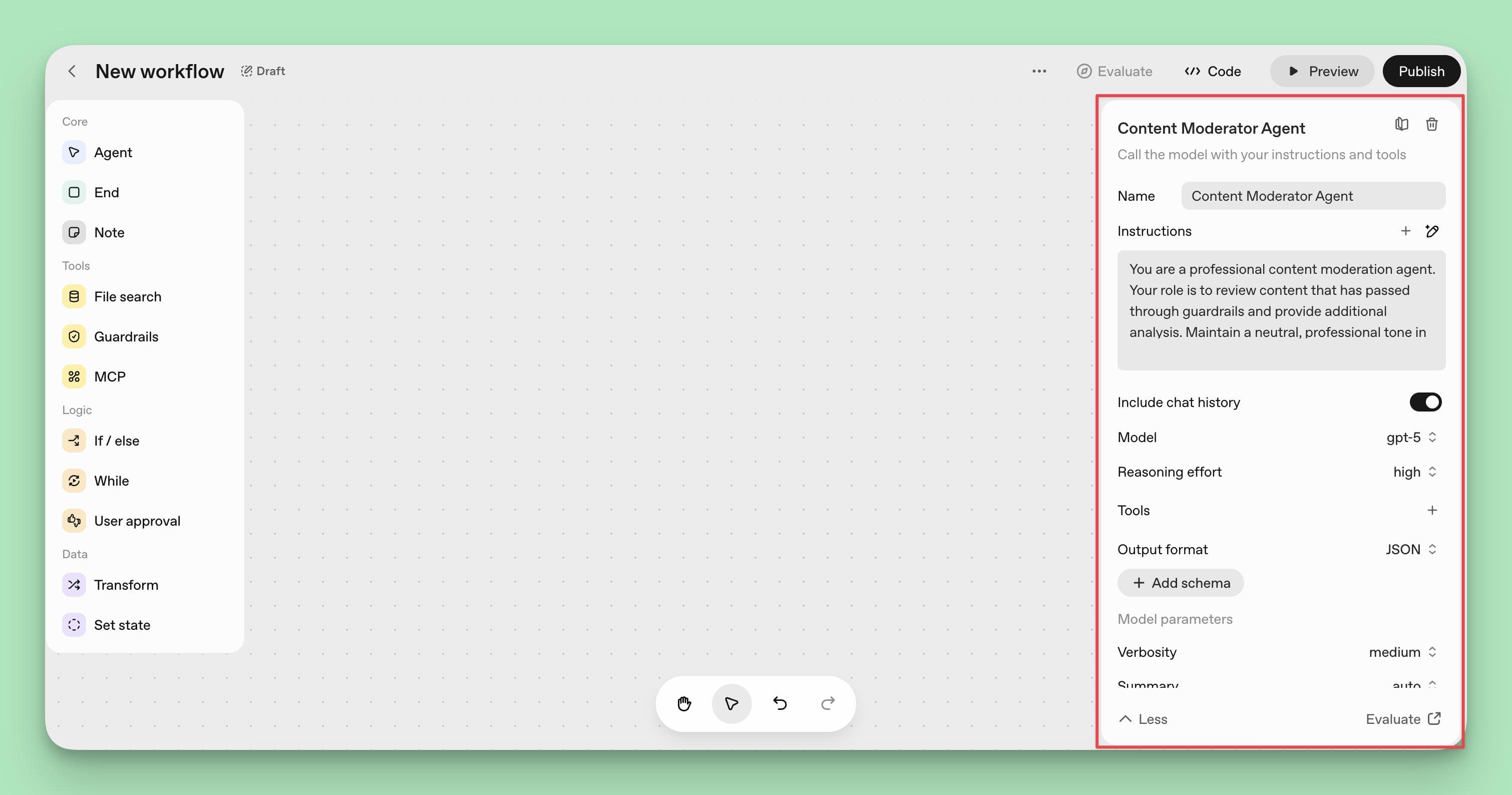 The configuration panel for an "Agent" node in the ChatGPT Agent Builder. It shows fields for "Name," "Instructions," "Model" (set to gpt-5), "Reasoning effort" (set to high), and "Output format" (set to JSON).
