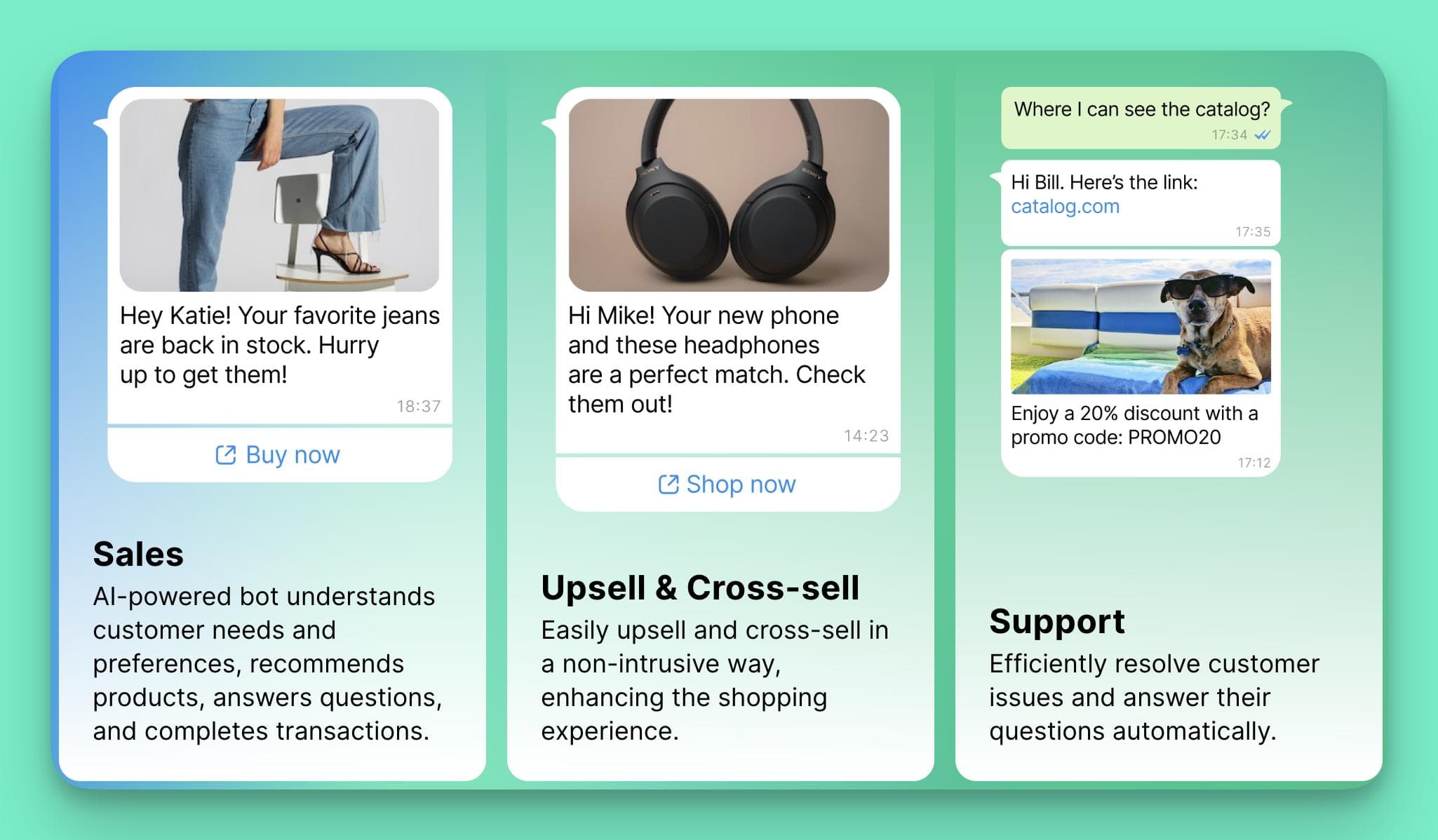 Chatfuel AI demonstrates its e-commerce capabilities as a leading Chatbase alternative for messenger platforms, showing automated sales, upsell, and support conversations on WhatsApp. This highlights its focus on driving revenue through conversational commerce.