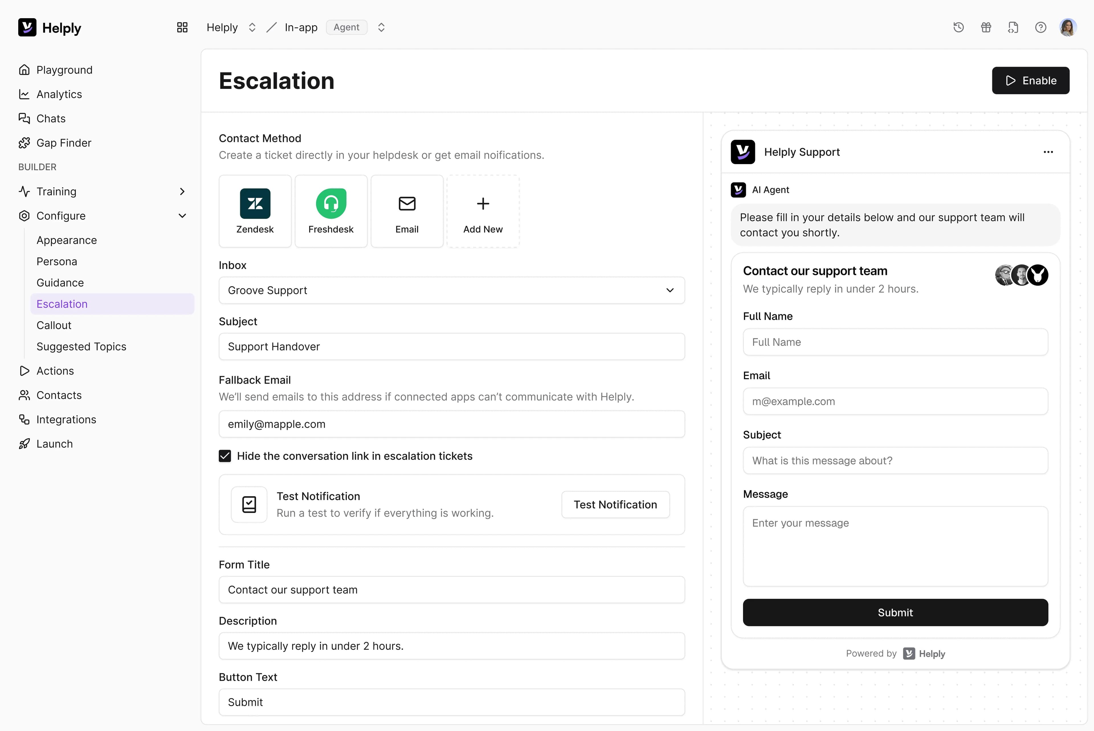 screenshot showing how Helply's escalation feature works